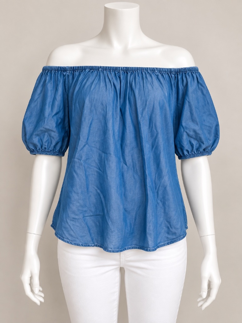 Loft Women's Blue 100% Lyocell Chambray Puff Sleeve Off Shoulder Blouse Size S